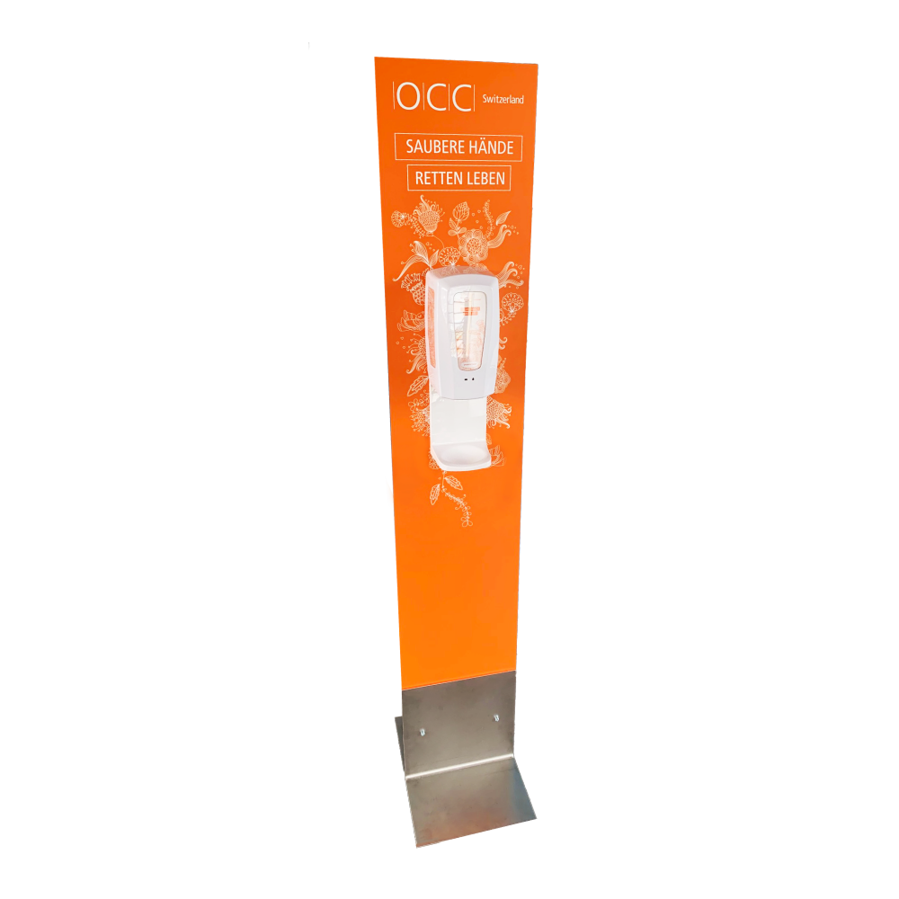 OROCLEAN® myArtisto Disinfection Station with OROCLEAN® myArtisto AS-3 Sanitizer Dispenser with drip tray, colour: orange, 1 piece